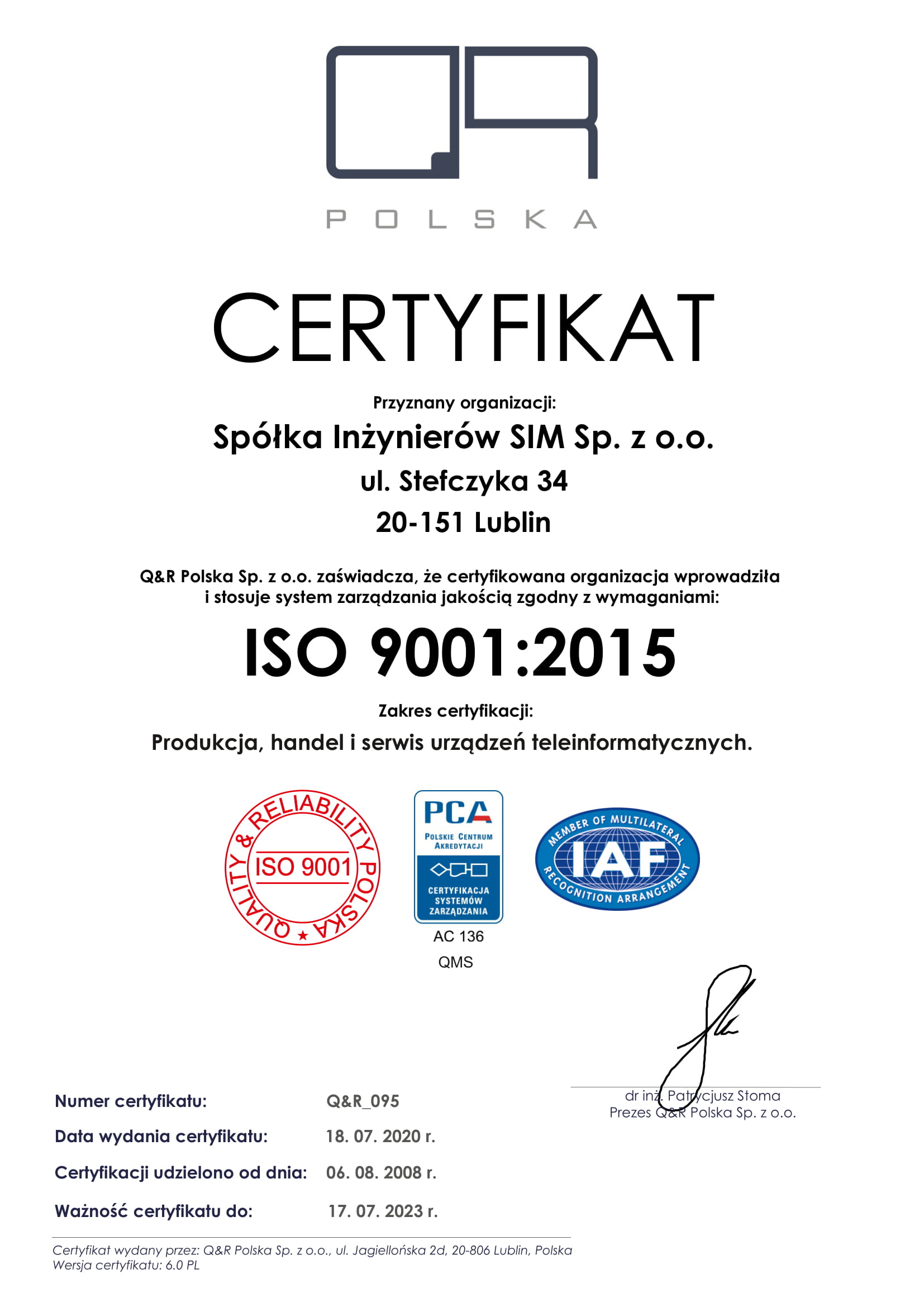 ISO certyfikat SIM